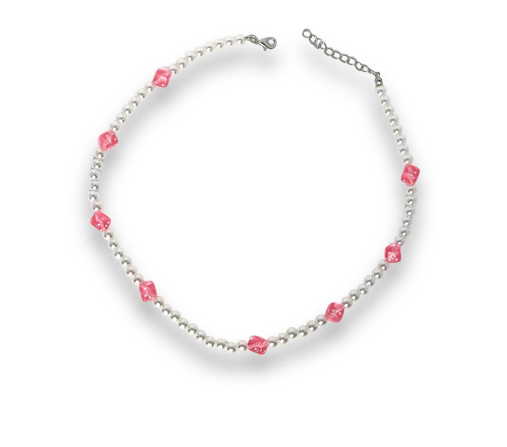 Pearl Necklace with Pink Dice Charms