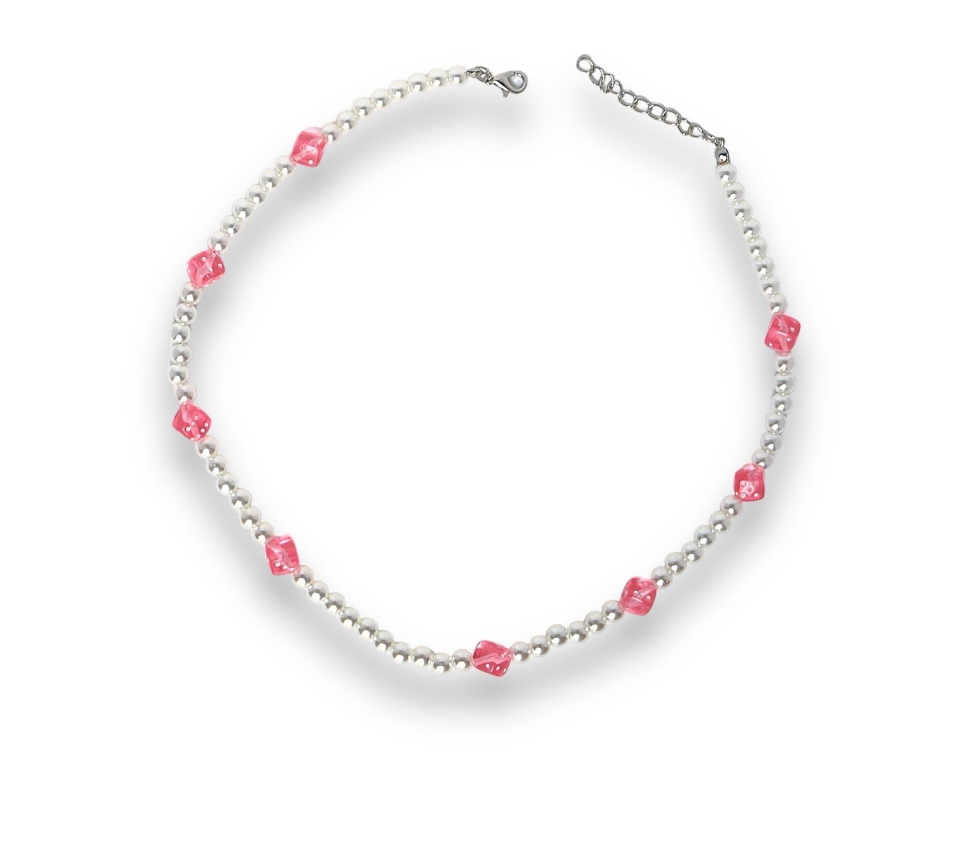 Pearl Necklace with Pink Dice Charms