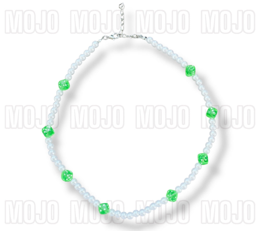 Pearl Necklace with Green Dice Charms