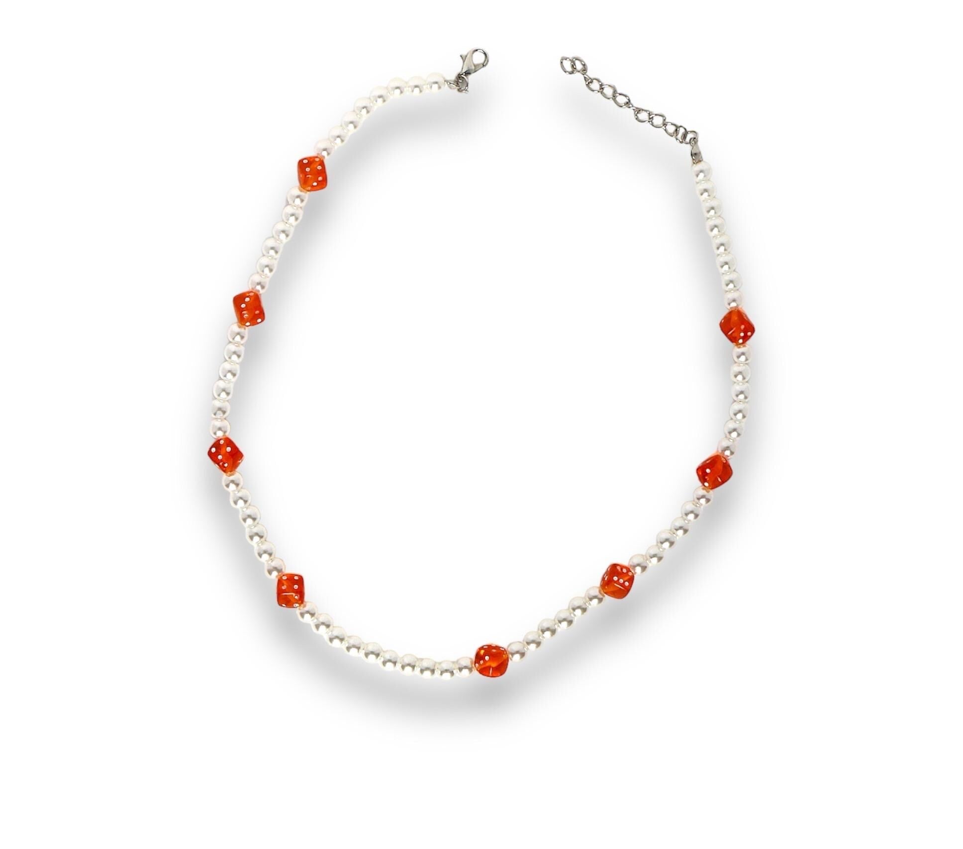 Pearl Necklace with Orange Dice Charms  Adjustable