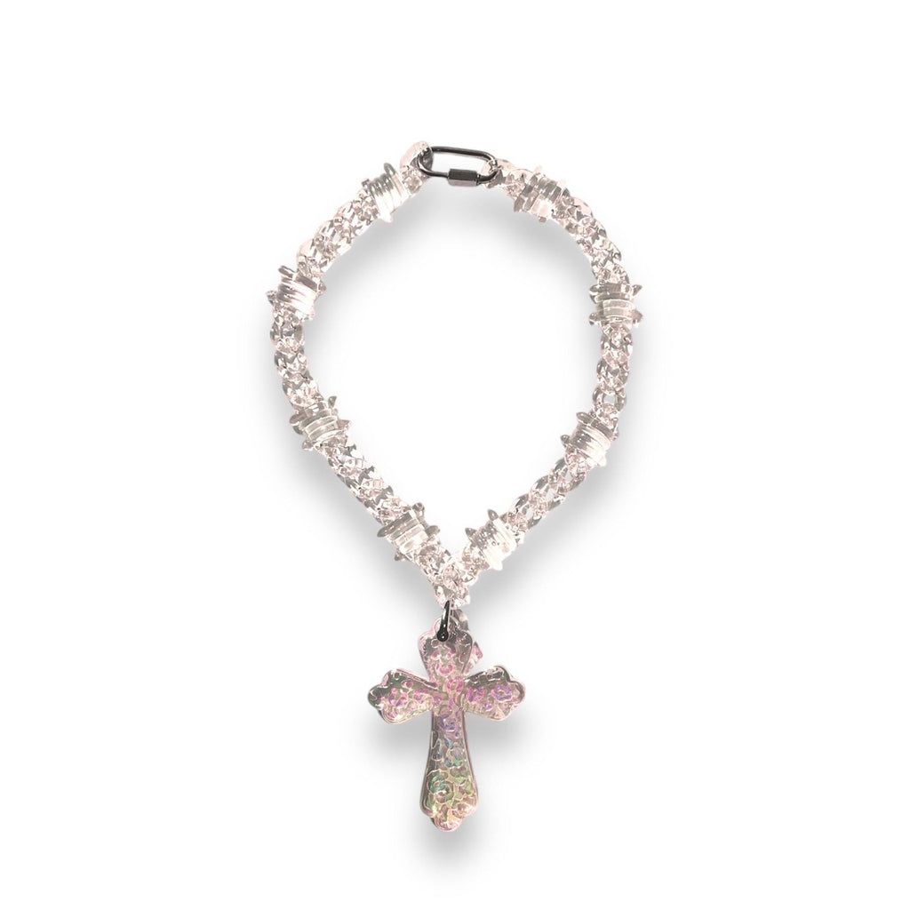 Transparent Iridescent Acrylic Cuban Link Barbed Wire Necklace with Cross Pendant