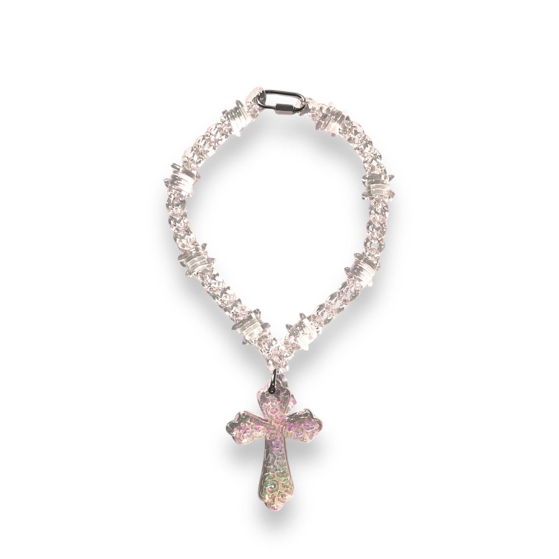Transparent Iridescent Acrylic Cuban Link Barbed Wire Necklace with Cross Pendant