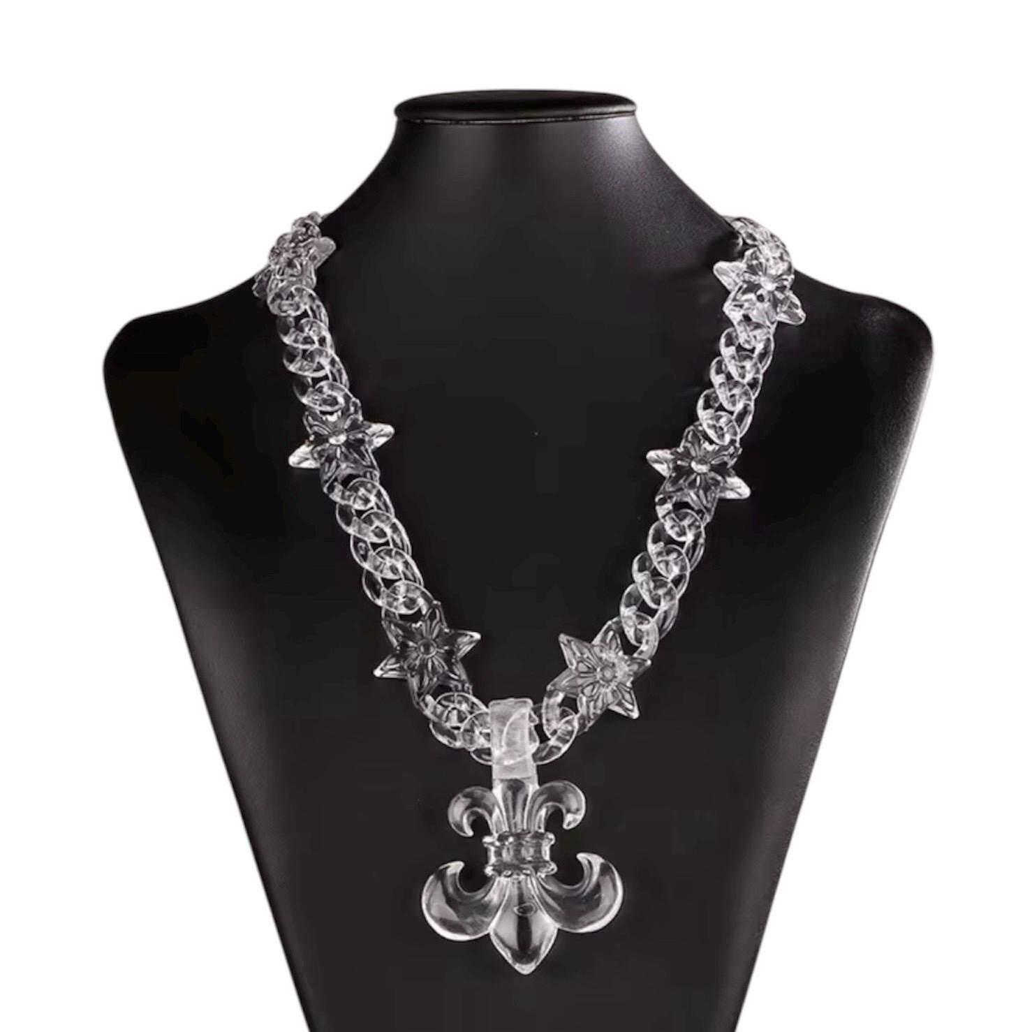 Transparent Acrylic Link Necklace with Saints Lily Flower Pendant