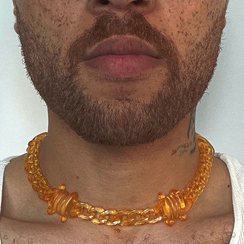 Acrylic Cuban Link Necklace w/ Barb Wire Charms : Orange