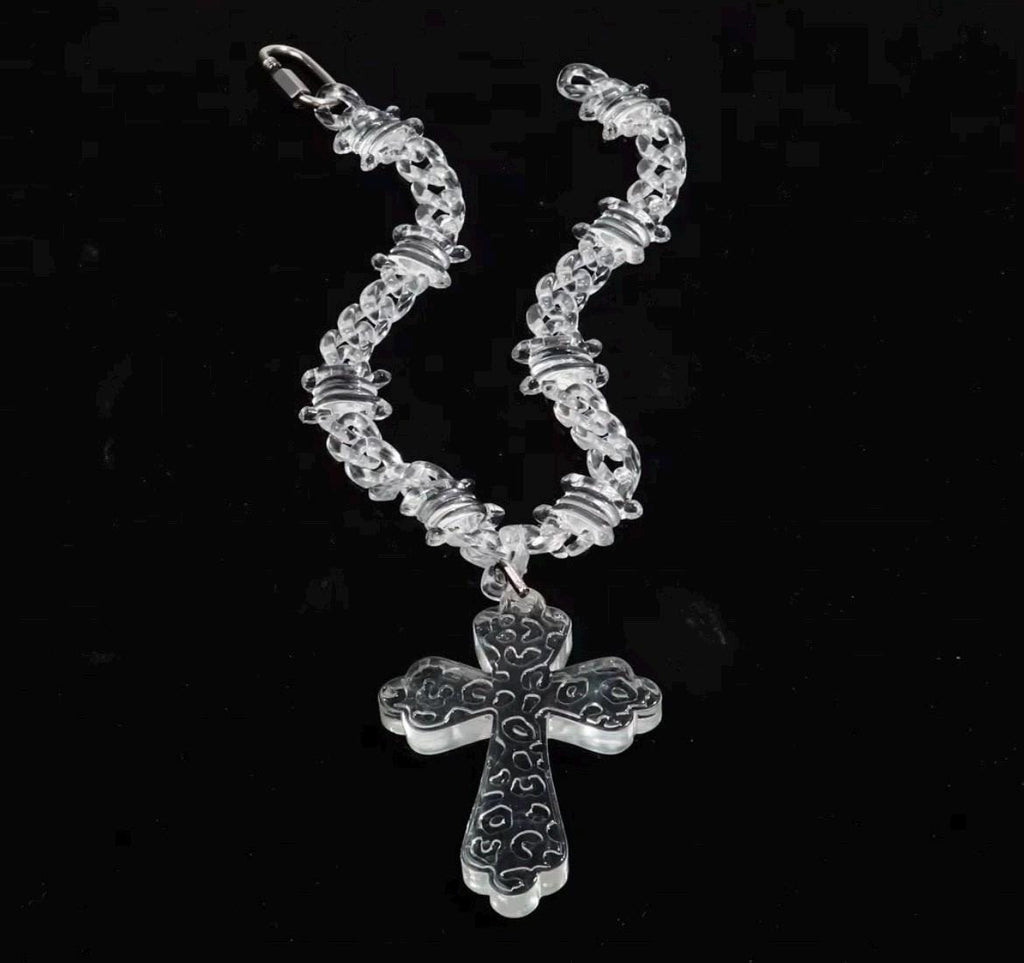 Transparent Acrylic Cuban Link Barbed Wire Necklace with Cross Pendant