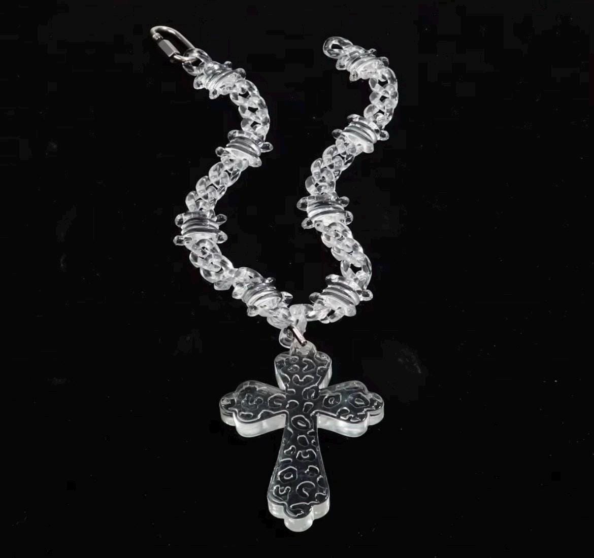 Transparent Acrylic Cuban Link Barbed Wire Necklace with Cross Pendant
