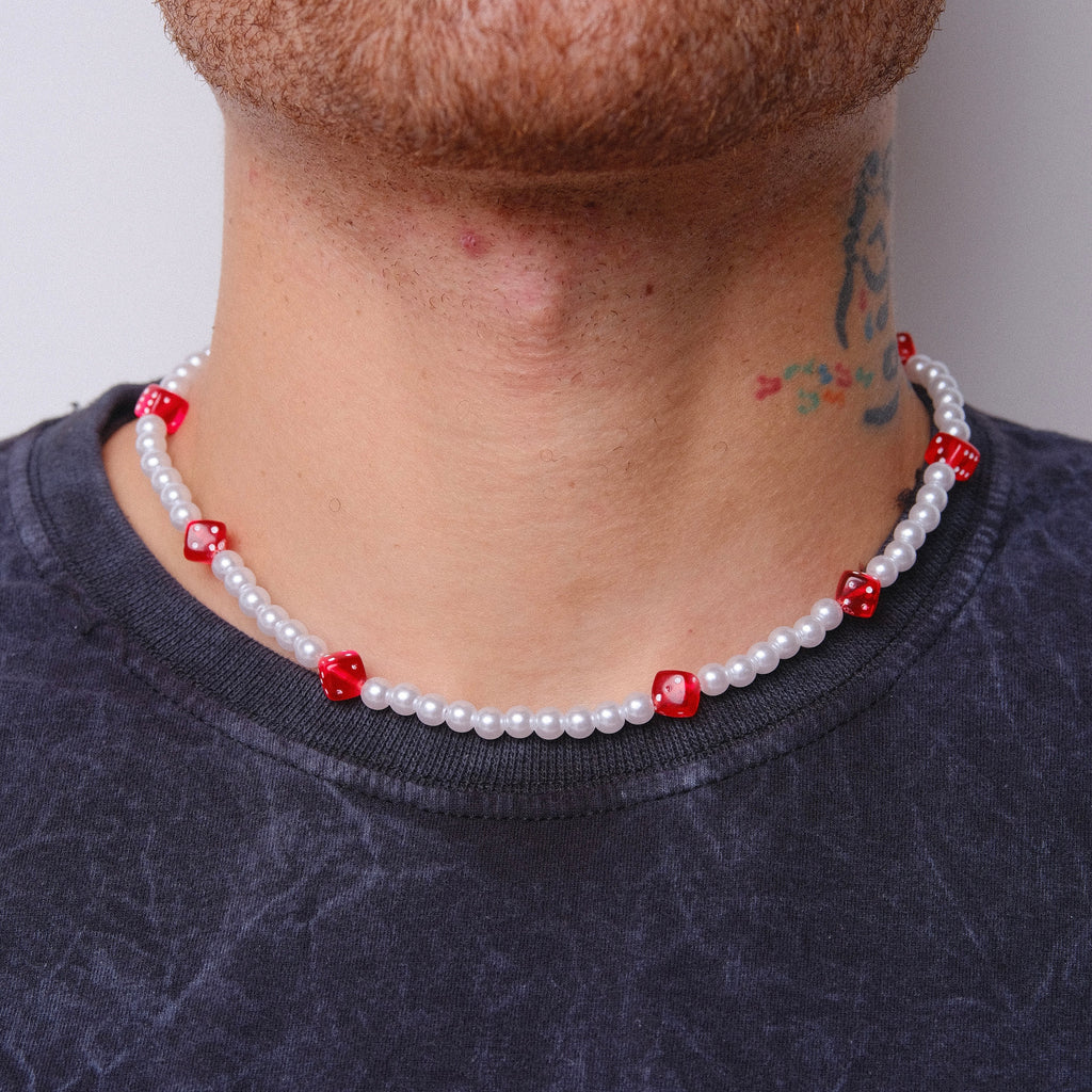 Pearl Necklace with Red Dice Charms