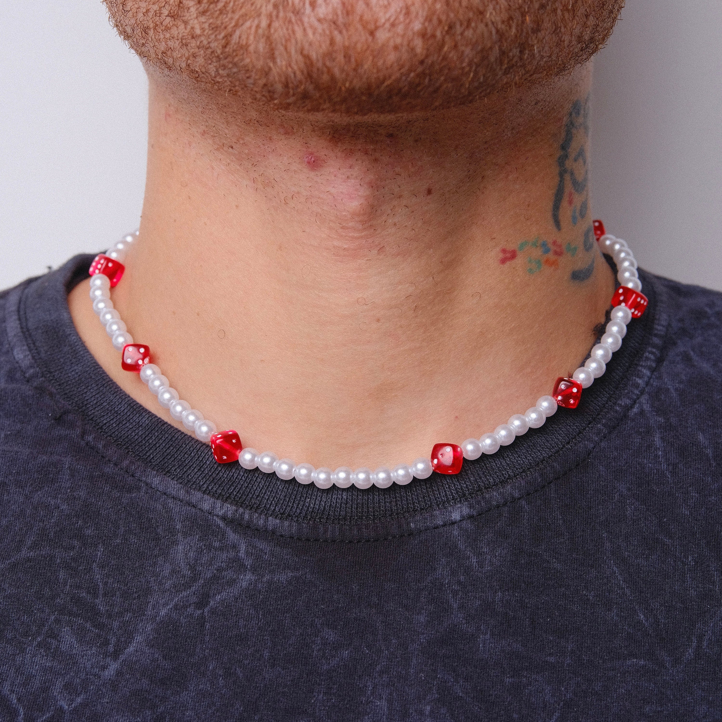 Pearl Necklace with Red Dice Charms