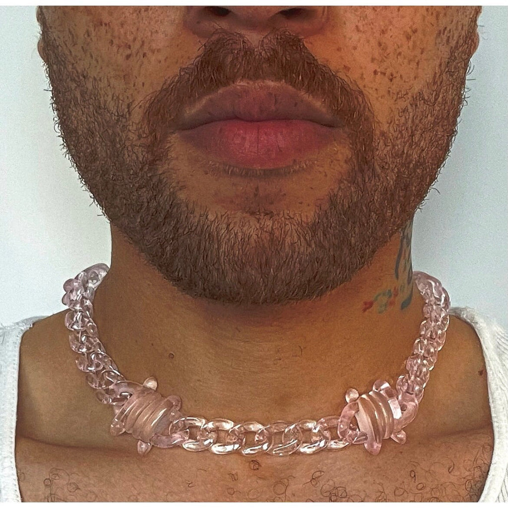 Acrylic Cuban Link Necklace w/ Barb Wire Charms : Pink