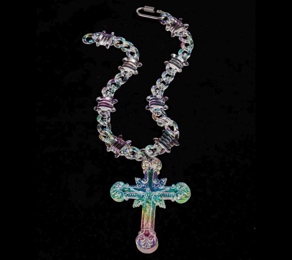 Transparent Iridescent Acrylic Cuban Link Barbed Wire Necklace with Gothic Cross Pendant