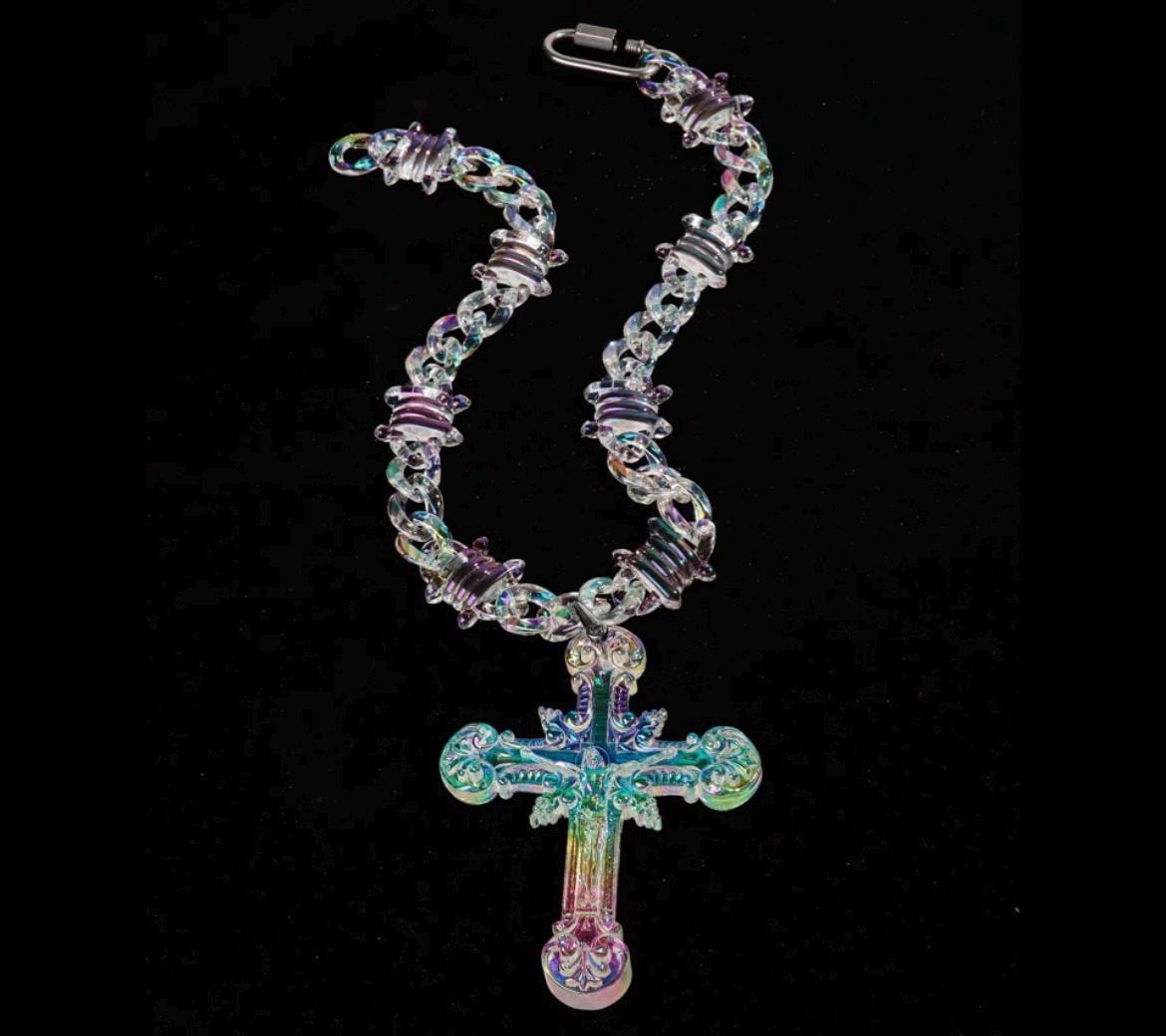 Transparent Iridescent Acrylic Cuban Link Barbed Wire Necklace with Gothic Cross Pendant
