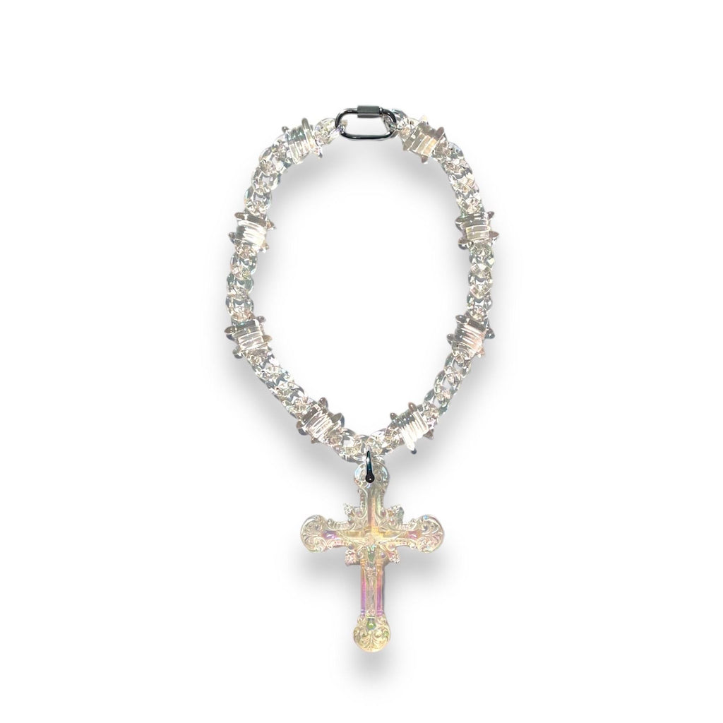 Transparent Iridescent Acrylic Cuban Link Barbed Wire Necklace with Gothic Cross Pendant