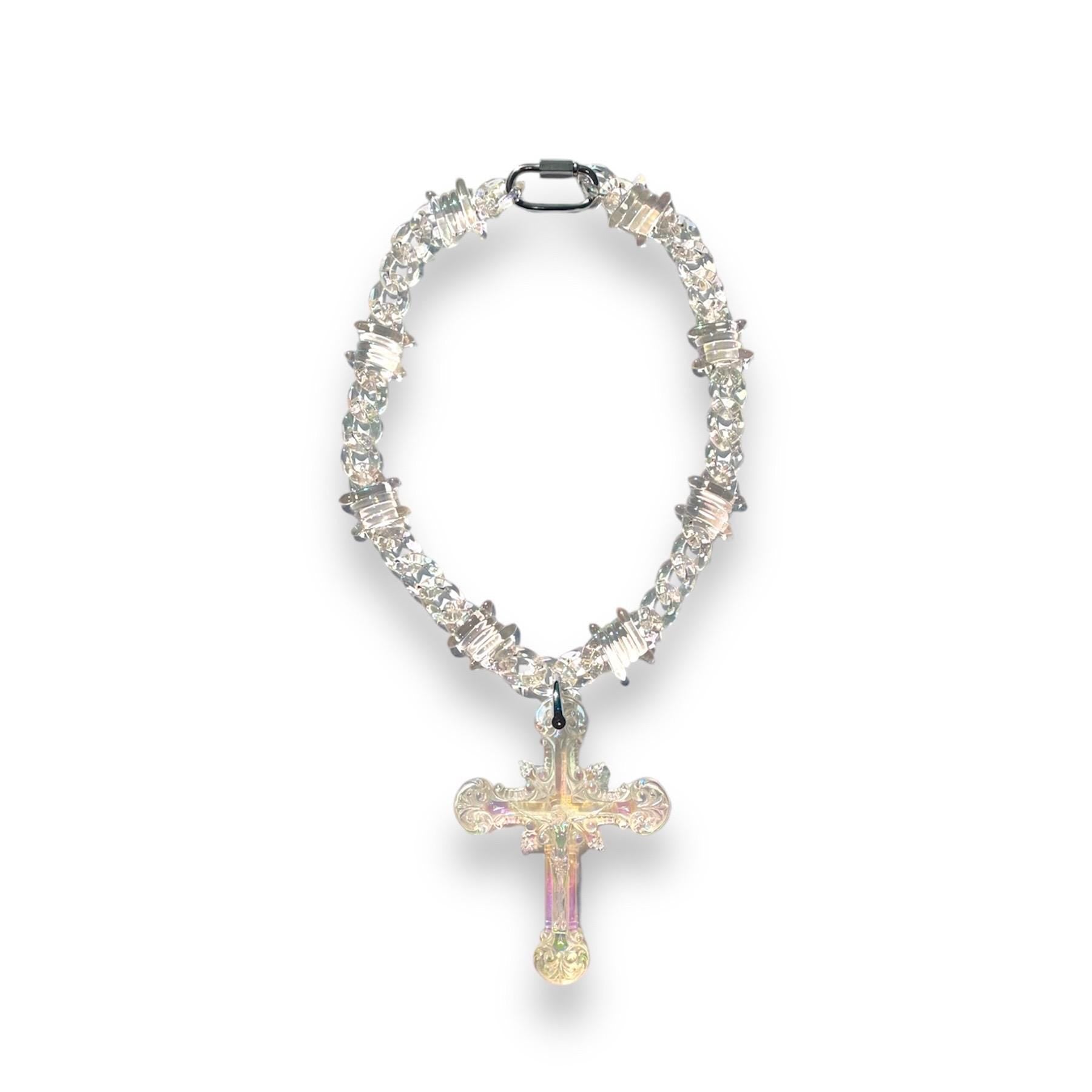 Transparent Iridescent Acrylic Cuban Link Barbed Wire Necklace with Gothic Cross Pendant
