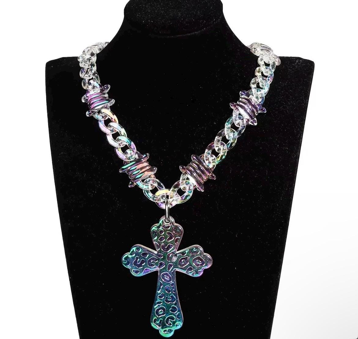 Transparent Iridescent Acrylic Cuban Link Barbed Wire Necklace with Cross Pendant