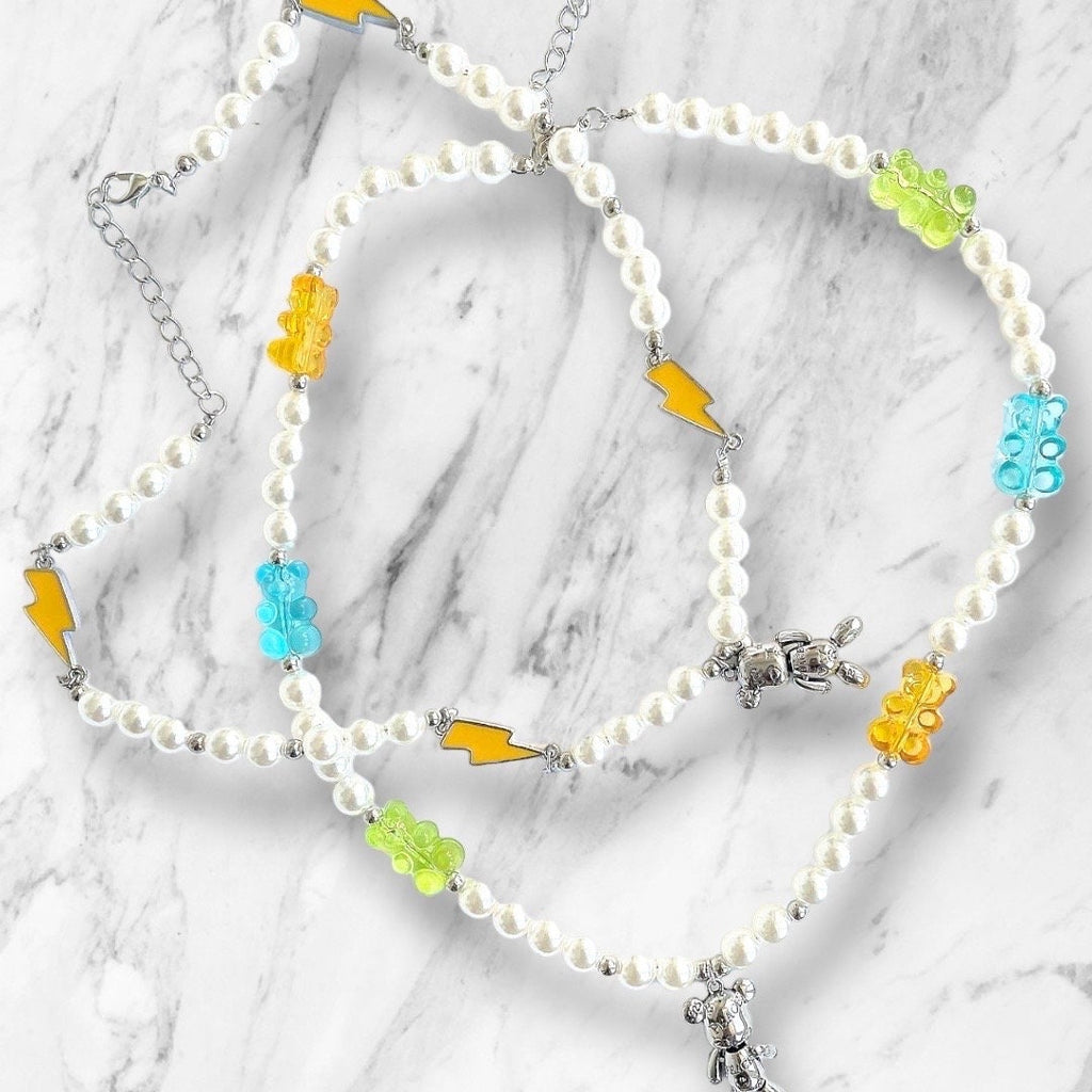 Pearl Necklace with Gummy Bear Charms & Bear Pendant