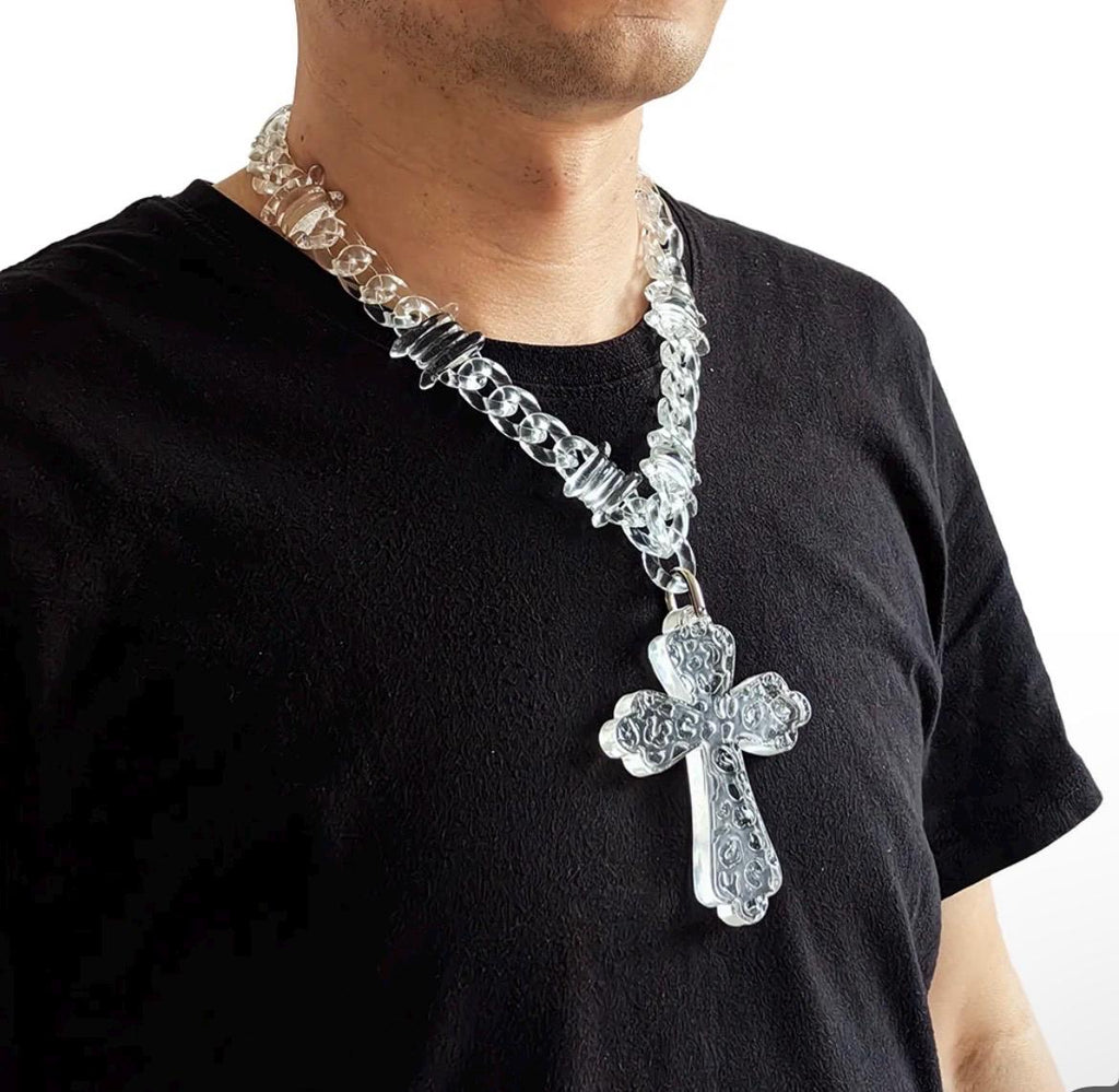 Transparent Acrylic Cuban Link Barbed Wire Necklace with Cross Pendant