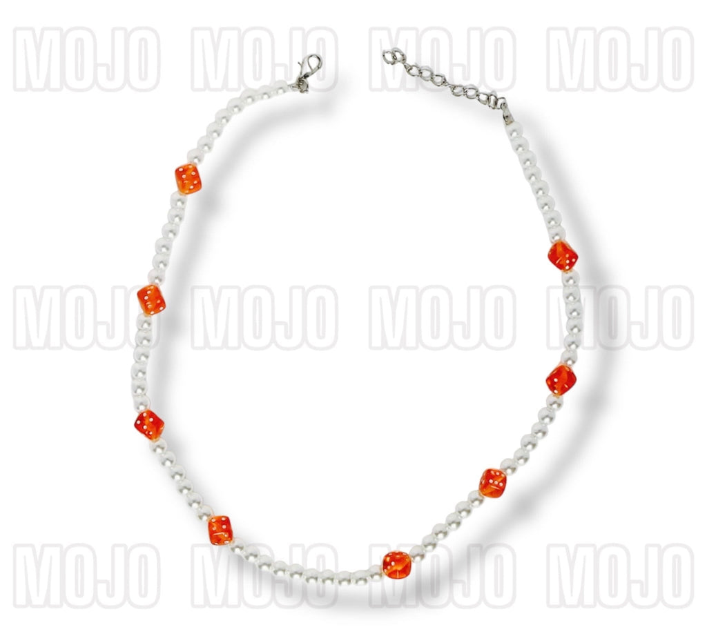 Pearl Necklace with Orange Dice Charms  Adjustable