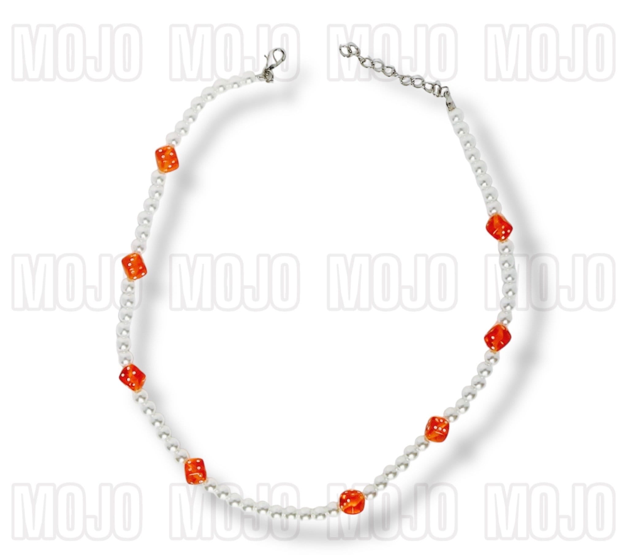 Pearl Necklace with Orange Dice Charms  Adjustable