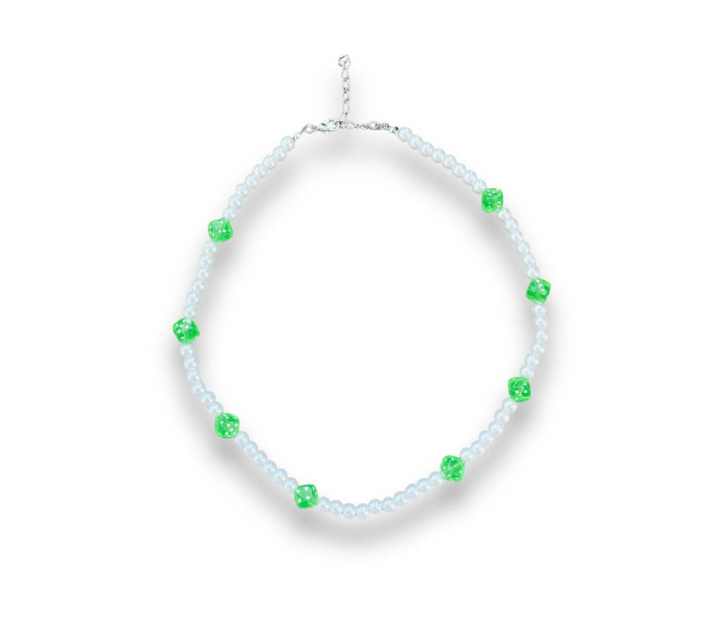 Pearl Necklace with Green Dice Charms