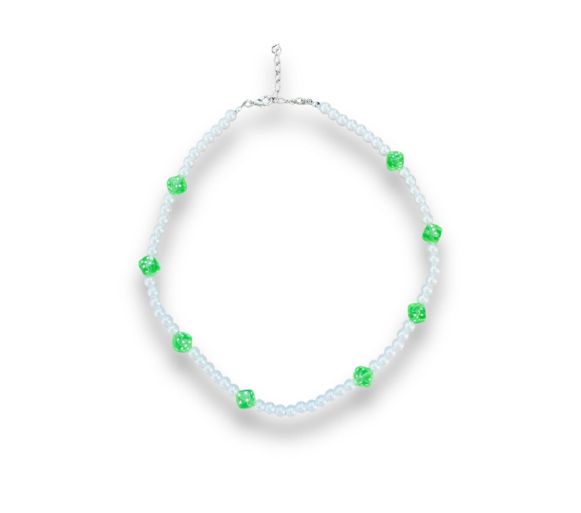 Pearl Necklace with Green Dice Charms