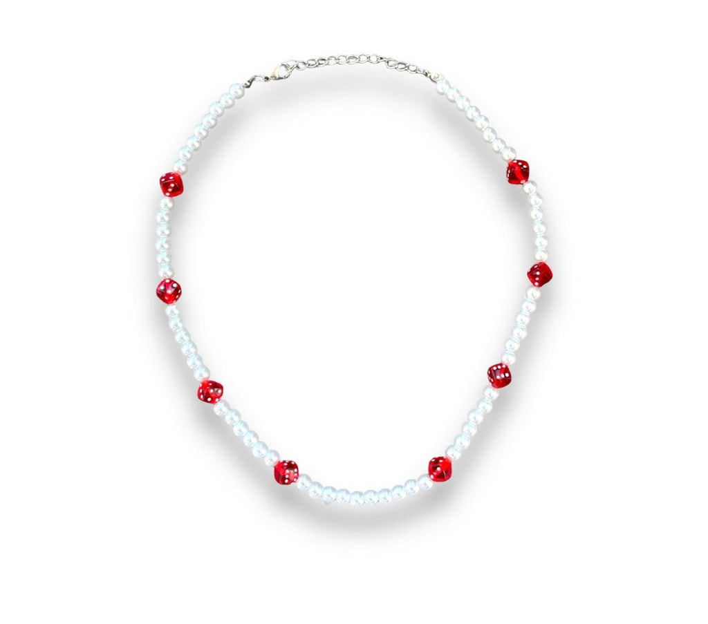 Pearl Necklace with Red Dice Charms