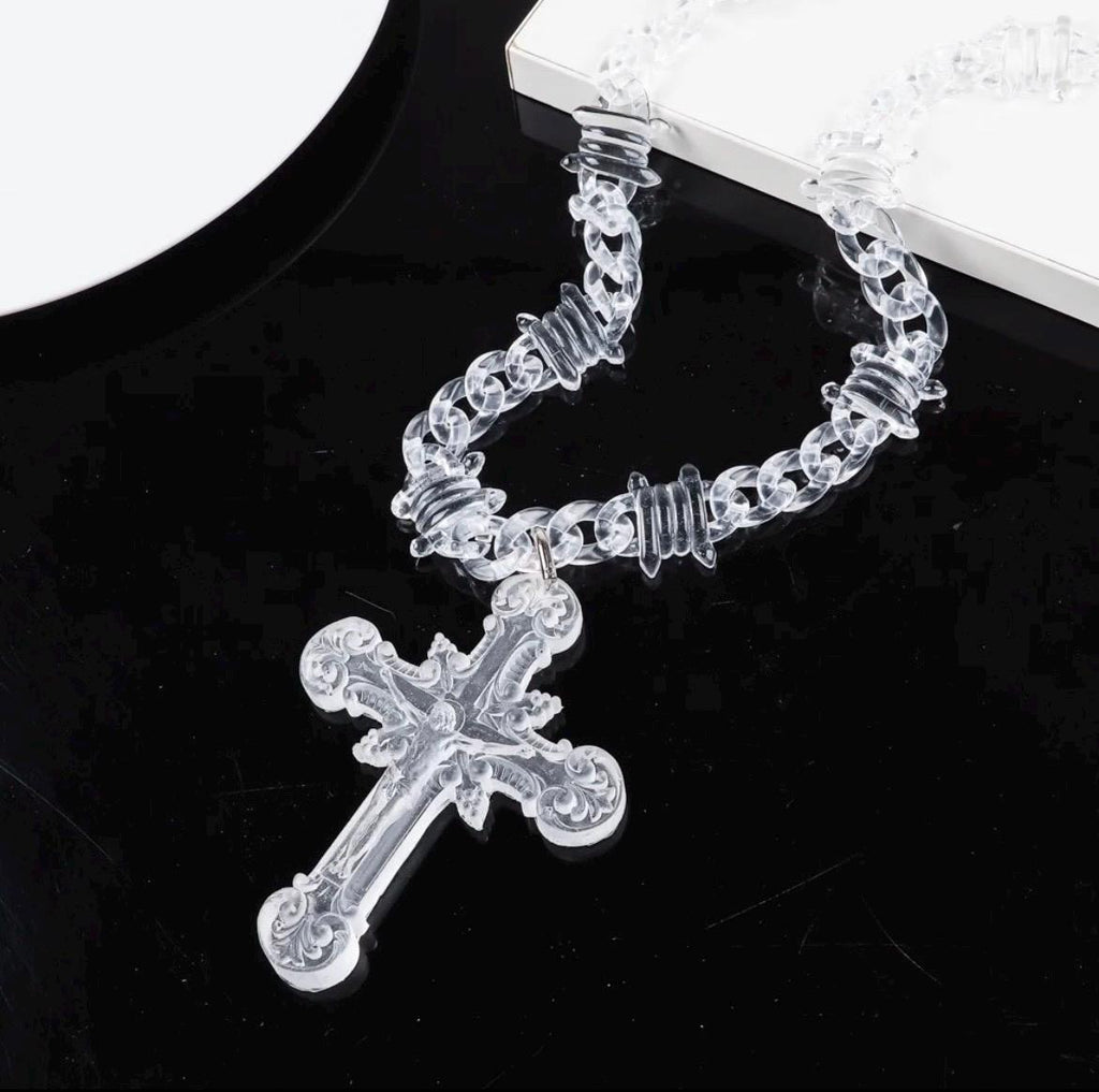 Transparent Acrylic Cuban Link Barbed Wire Necklace with Gothic Cross Pendant