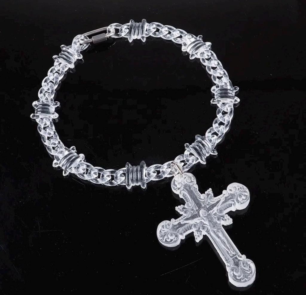 Transparent Acrylic Cuban Link Barbed Wire Necklace with Gothic Cross Pendant