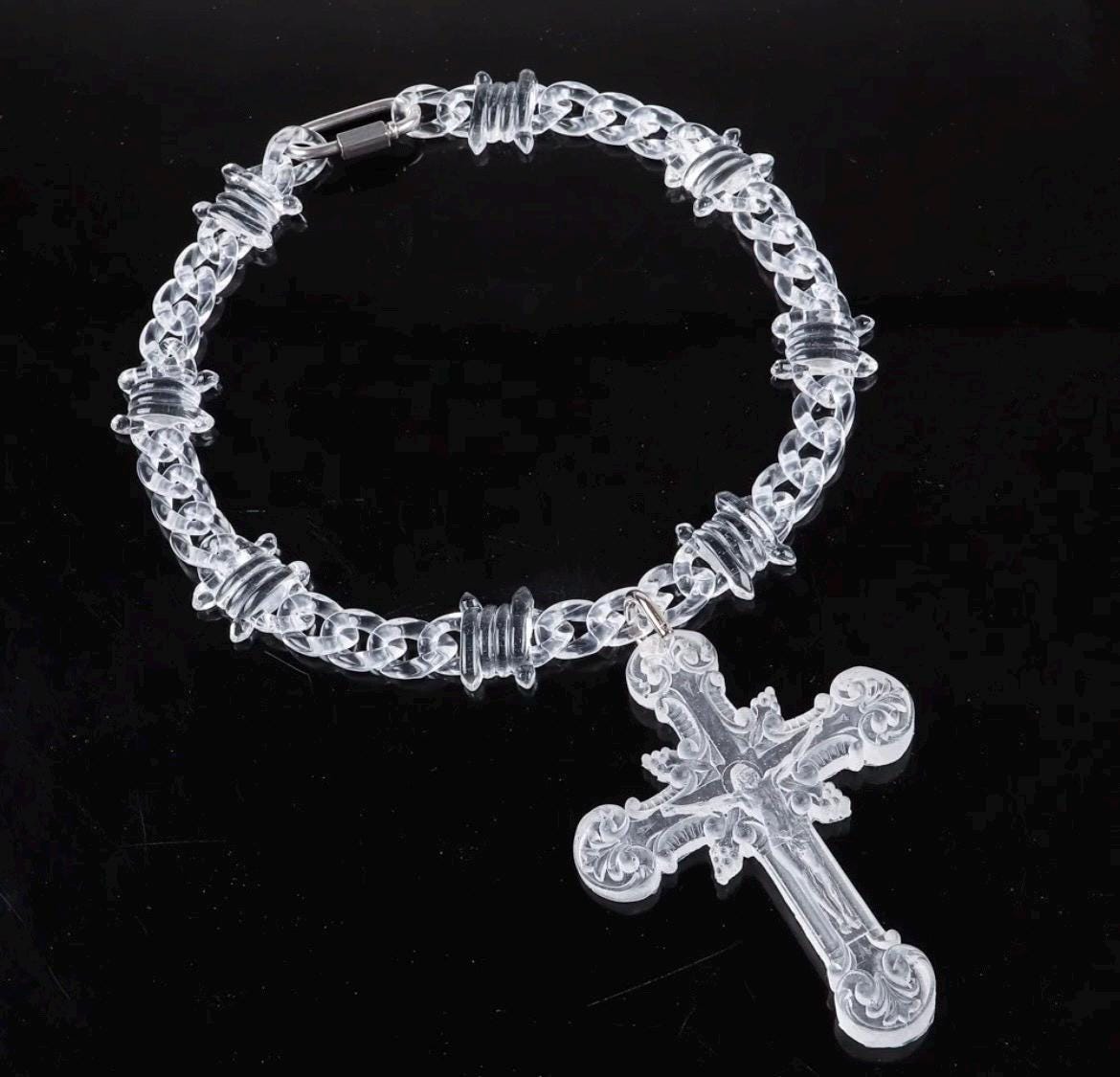 Transparent Acrylic Cuban Link Barbed Wire Necklace with Gothic Cross Pendant