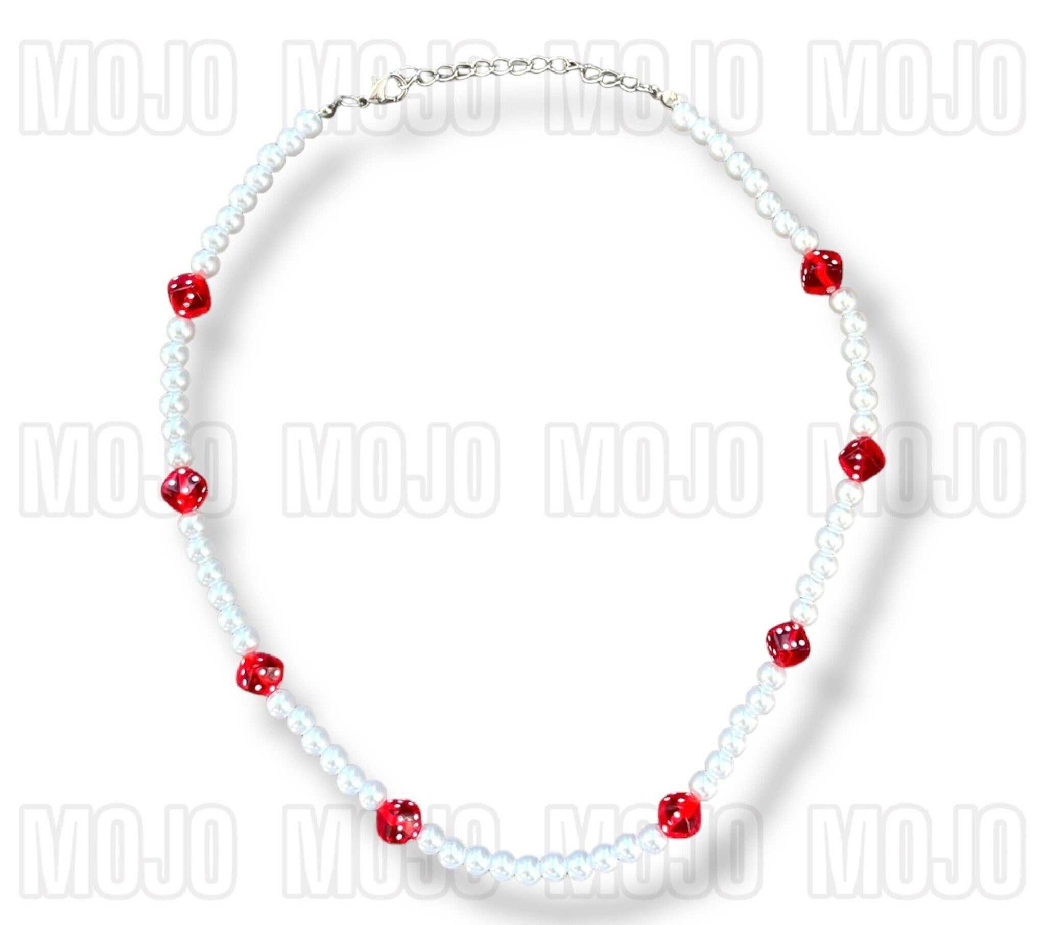 Pearl Necklace with Red Dice Charms