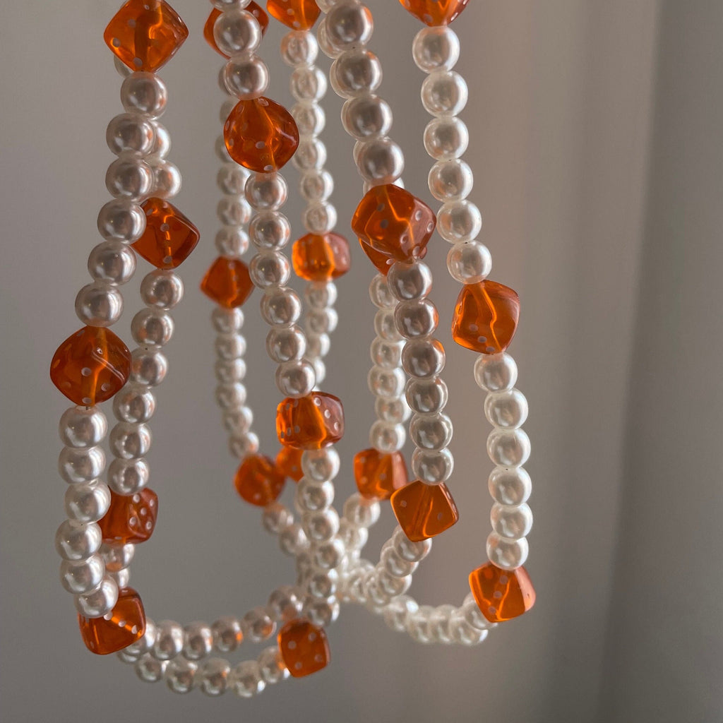 Pearl Necklace with Orange Dice Charms  Adjustable