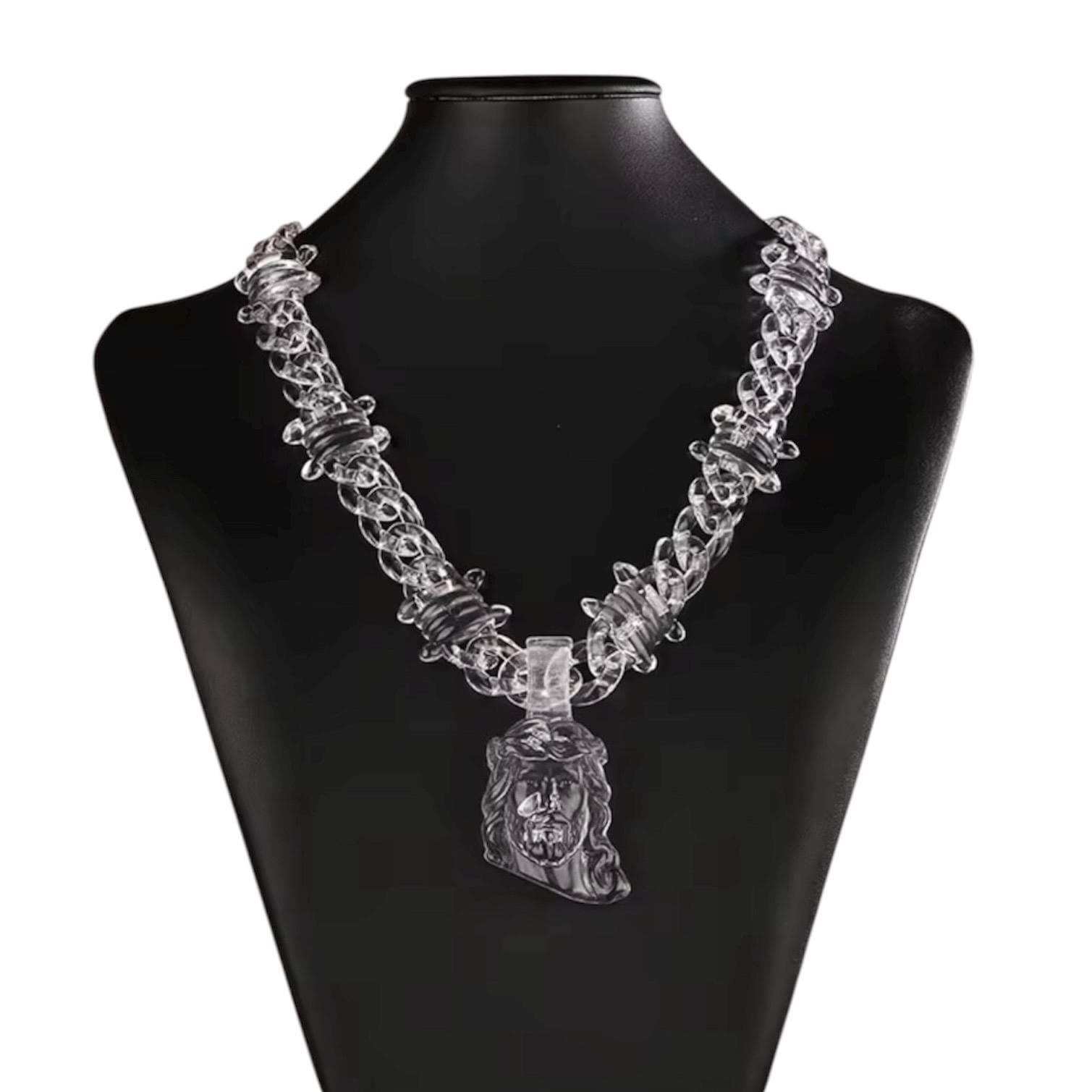 Transparent Acrylic Cuban Link Barbed Wire Necklace with Jesus Piece Pendant