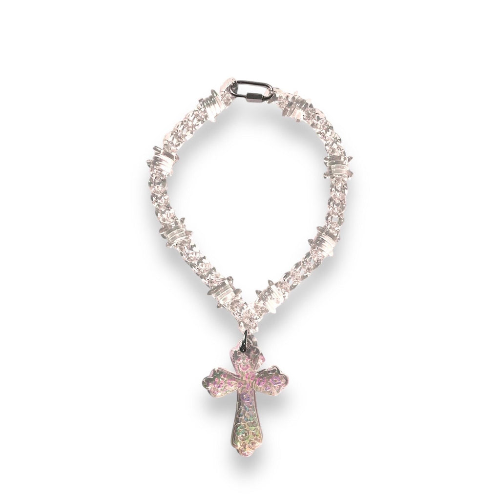 Transparent Iridescent Acrylic Cuban Link Barbed Wire Necklace with Cross Pendant