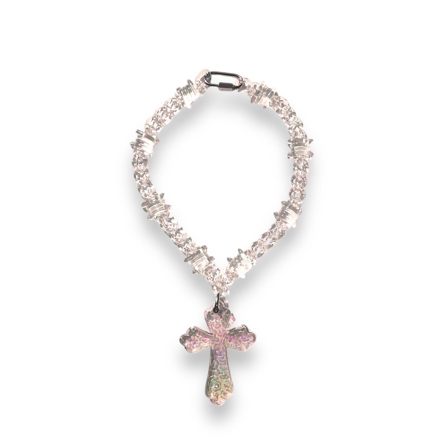 Transparent Iridescent Acrylic Cuban Link Barbed Wire Necklace with Cross Pendant
