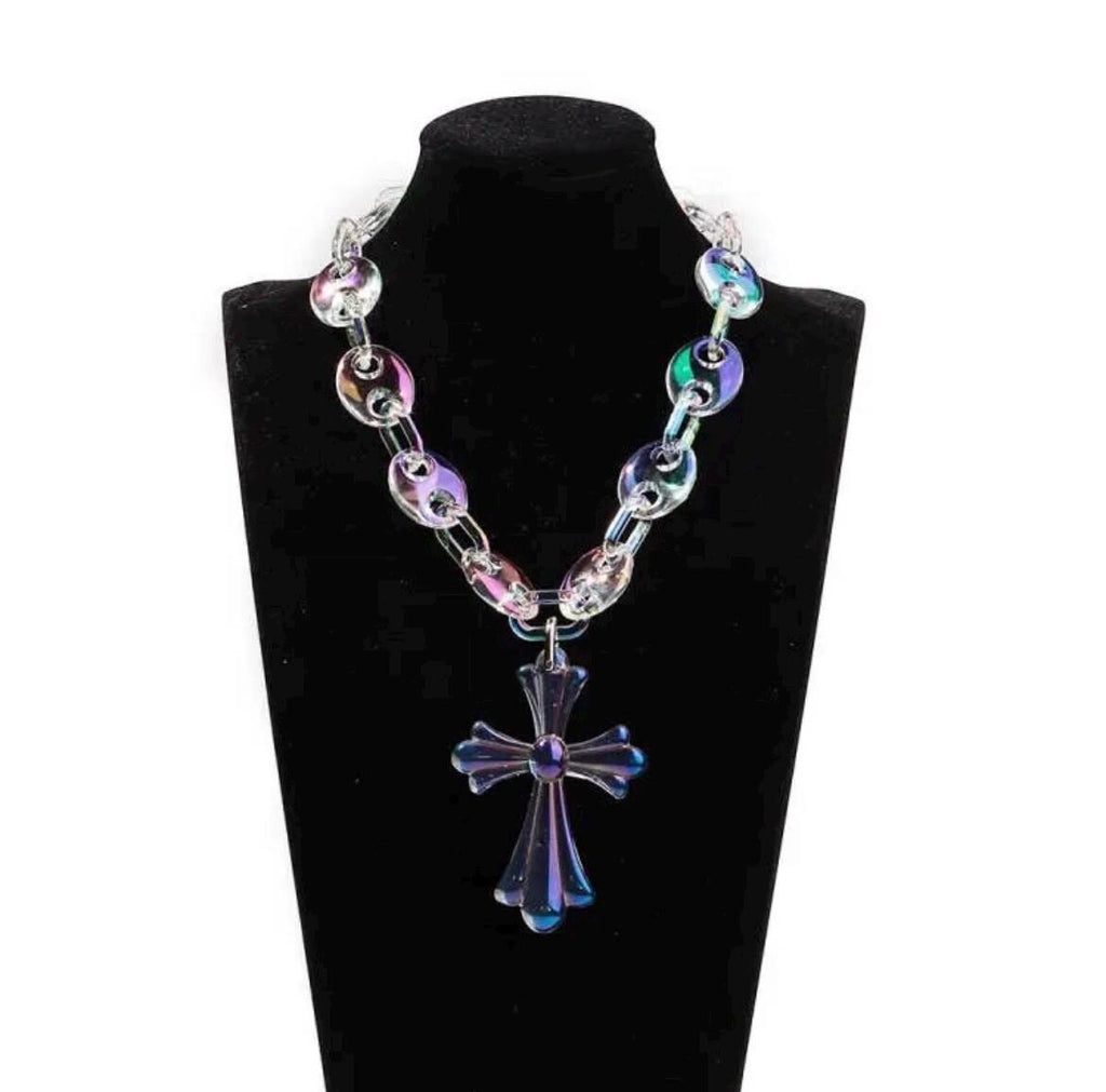 Transparent Iridescent Acrylic Link Necklace with Cross Pendant
