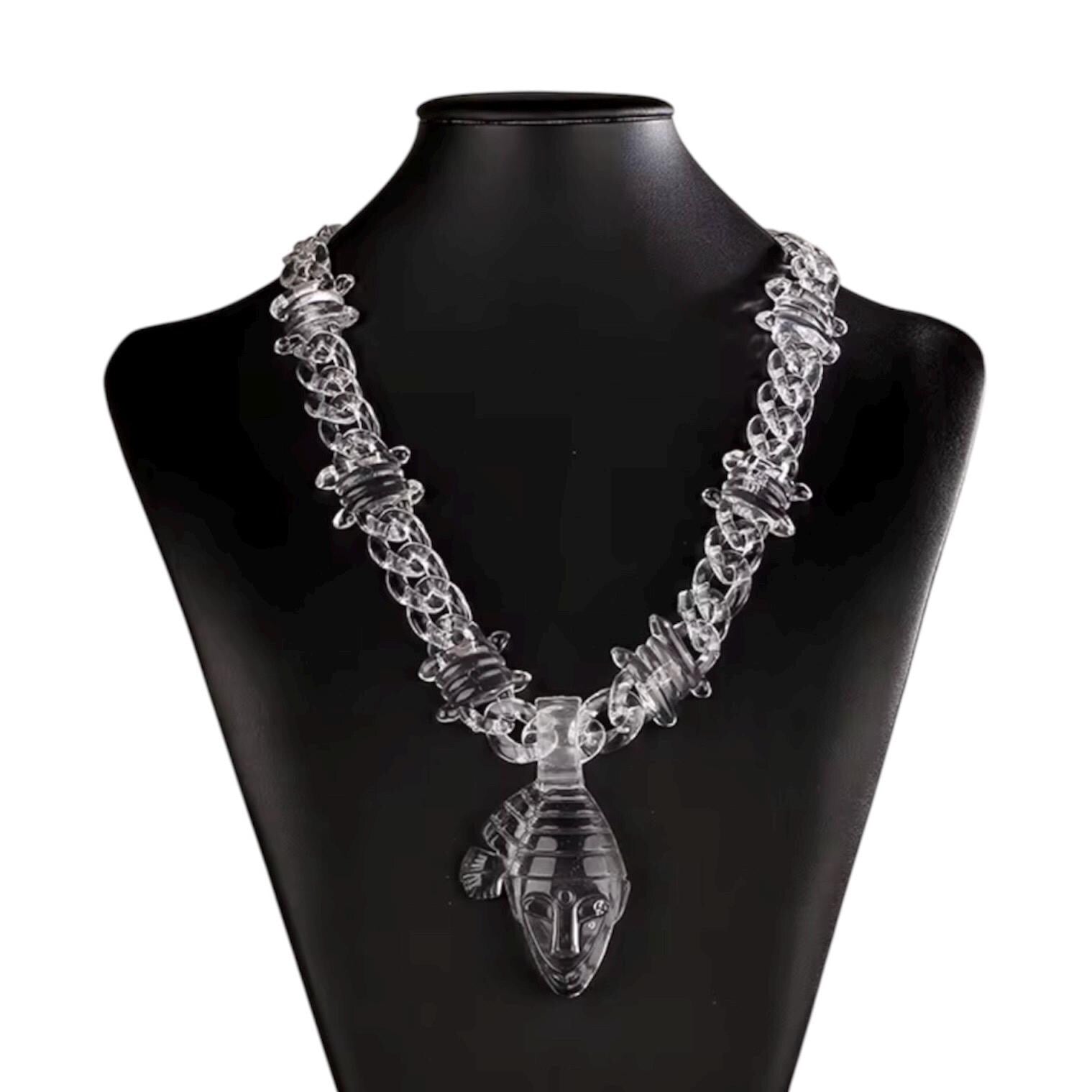 Transparent Acrylic Cuban Link Barbed Wire Necklace with Native Mask Pendant