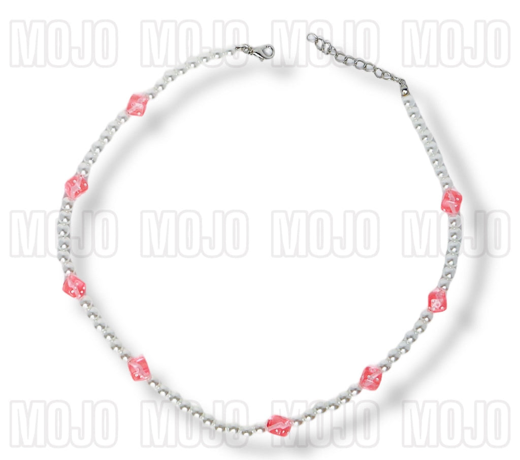 Pearl Necklace with Pink Dice Charms