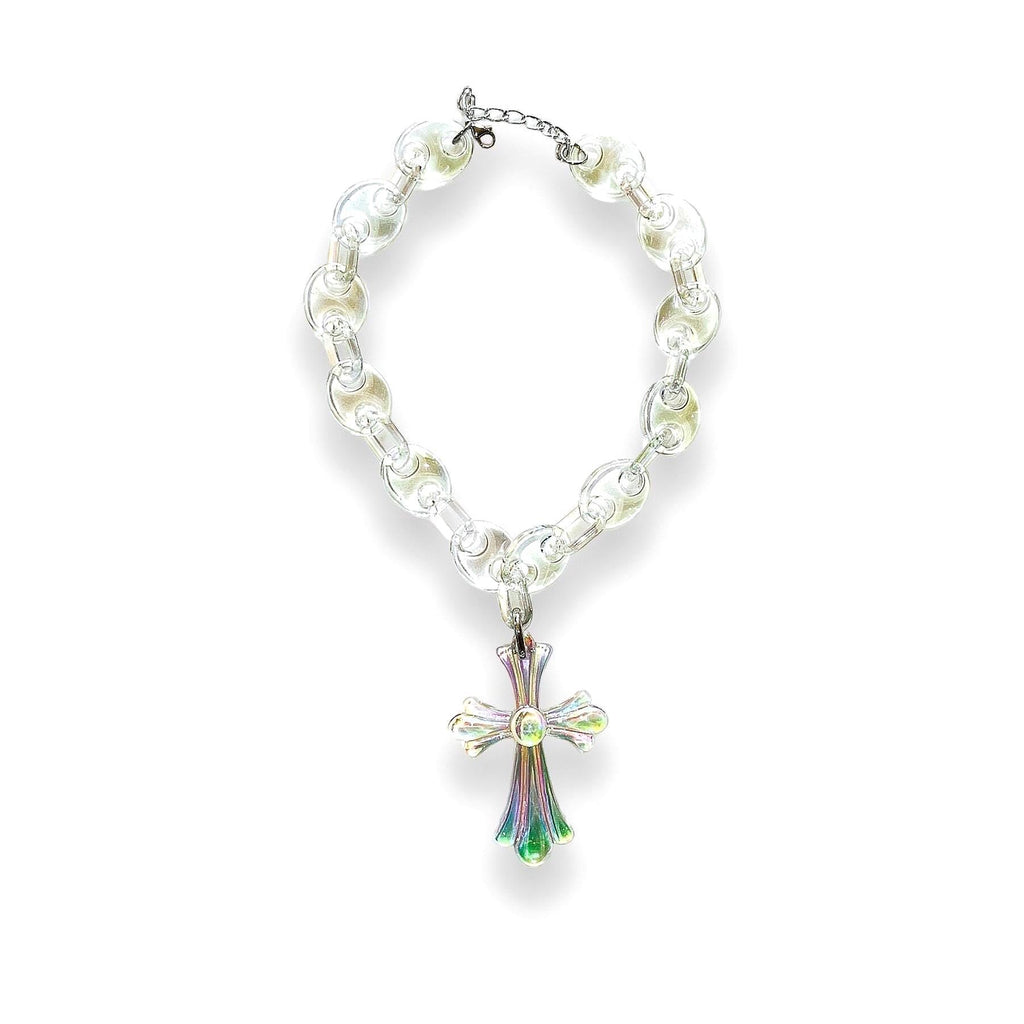 Transparent Iridescent Acrylic Link Necklace with Cross Pendant