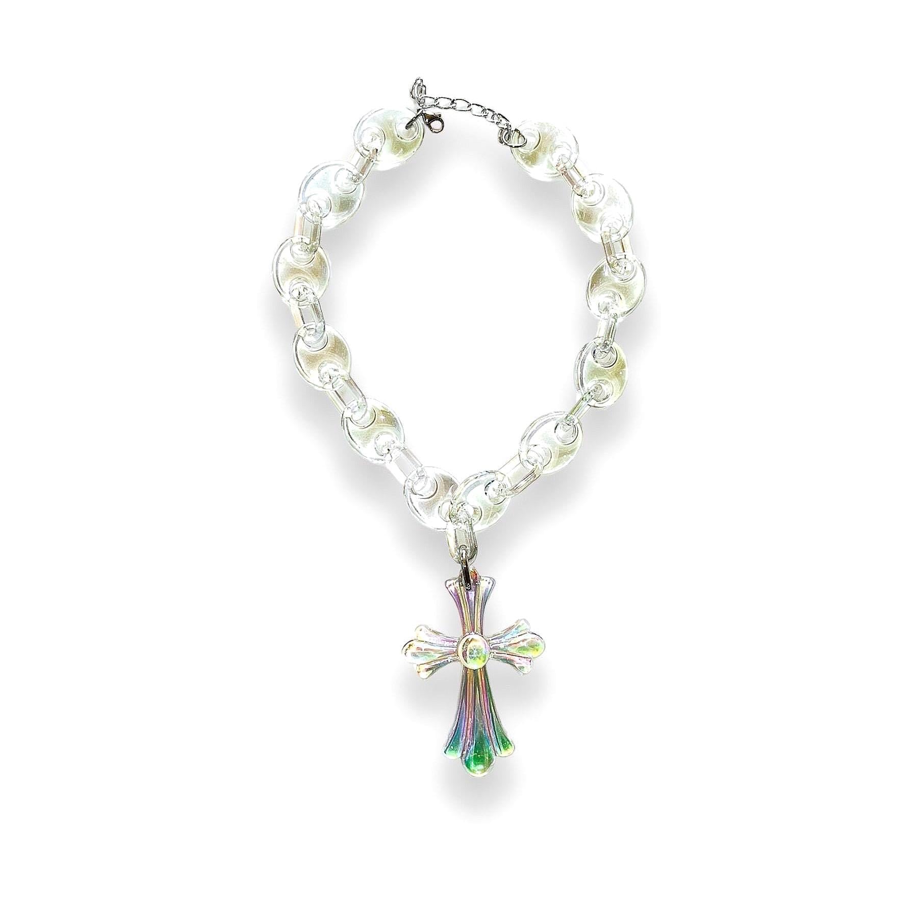 Transparent Iridescent Acrylic Link Necklace with Cross Pendant