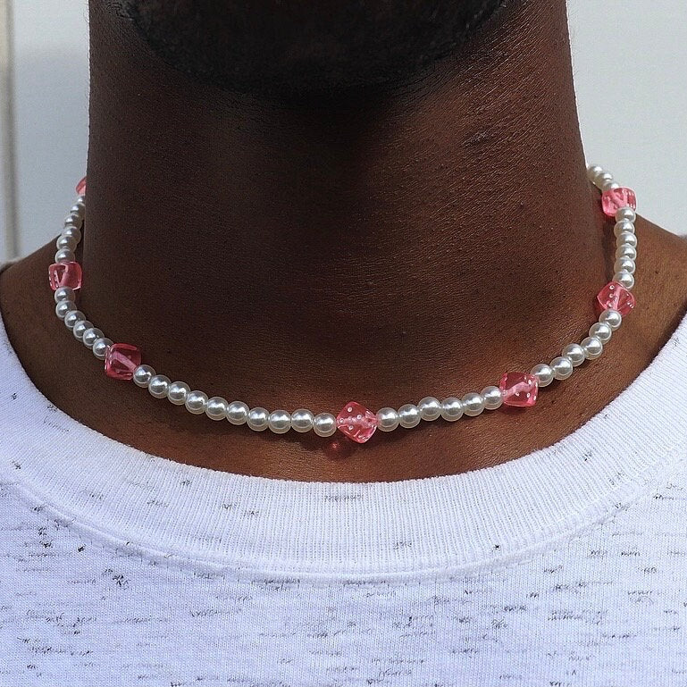 Pearl Necklace with Pink Dice Charms