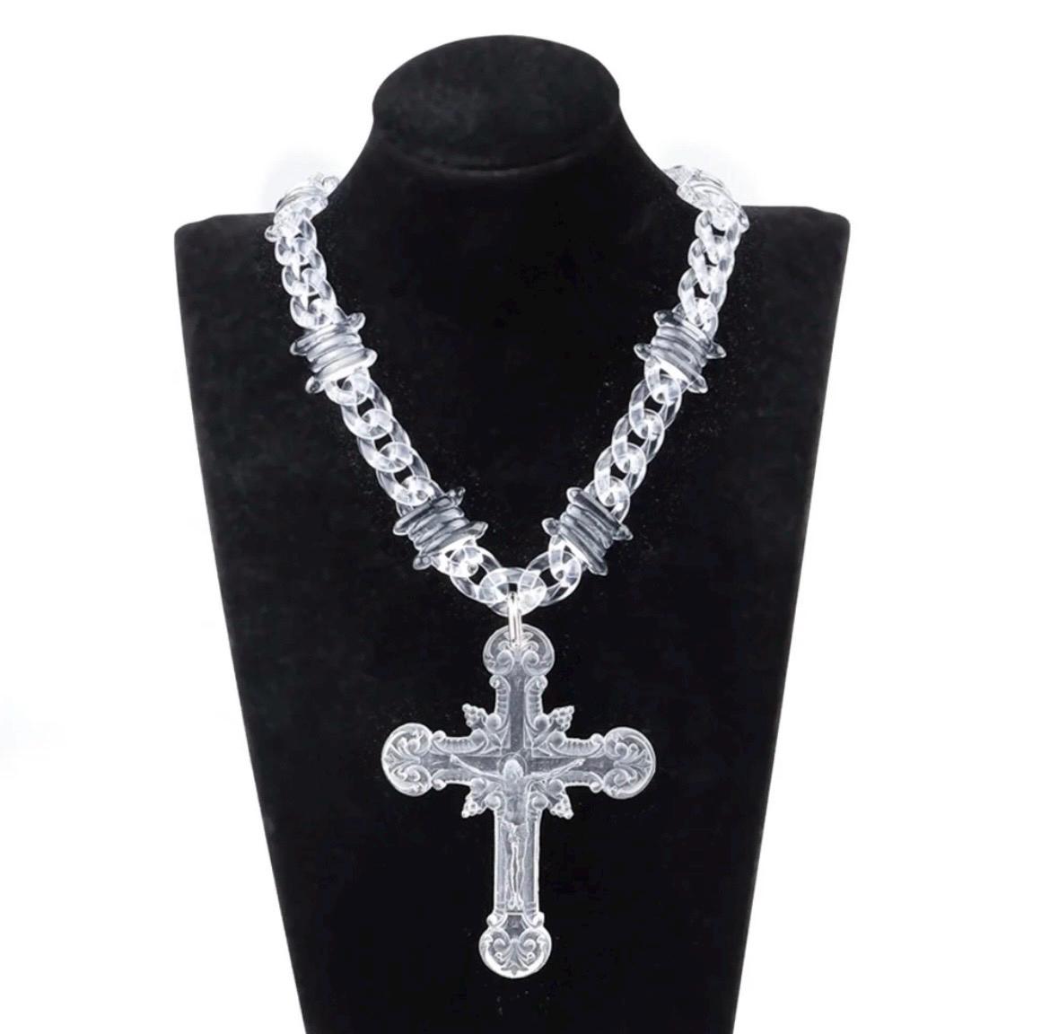 Transparent Acrylic Cuban Link Barbed Wire Necklace with Gothic Cross Pendant