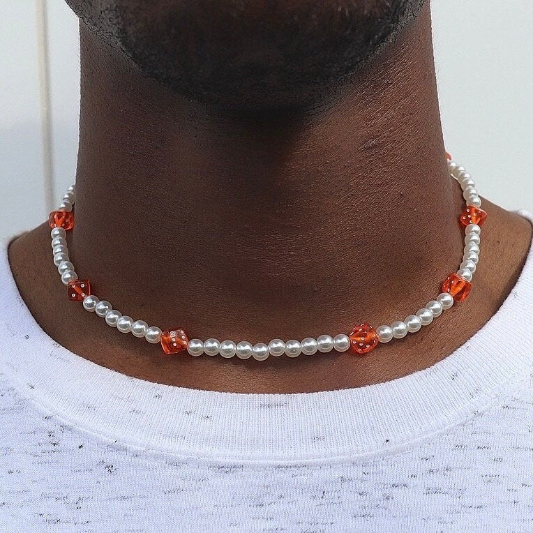 Pearl Necklace with Orange Dice Charms  Adjustable