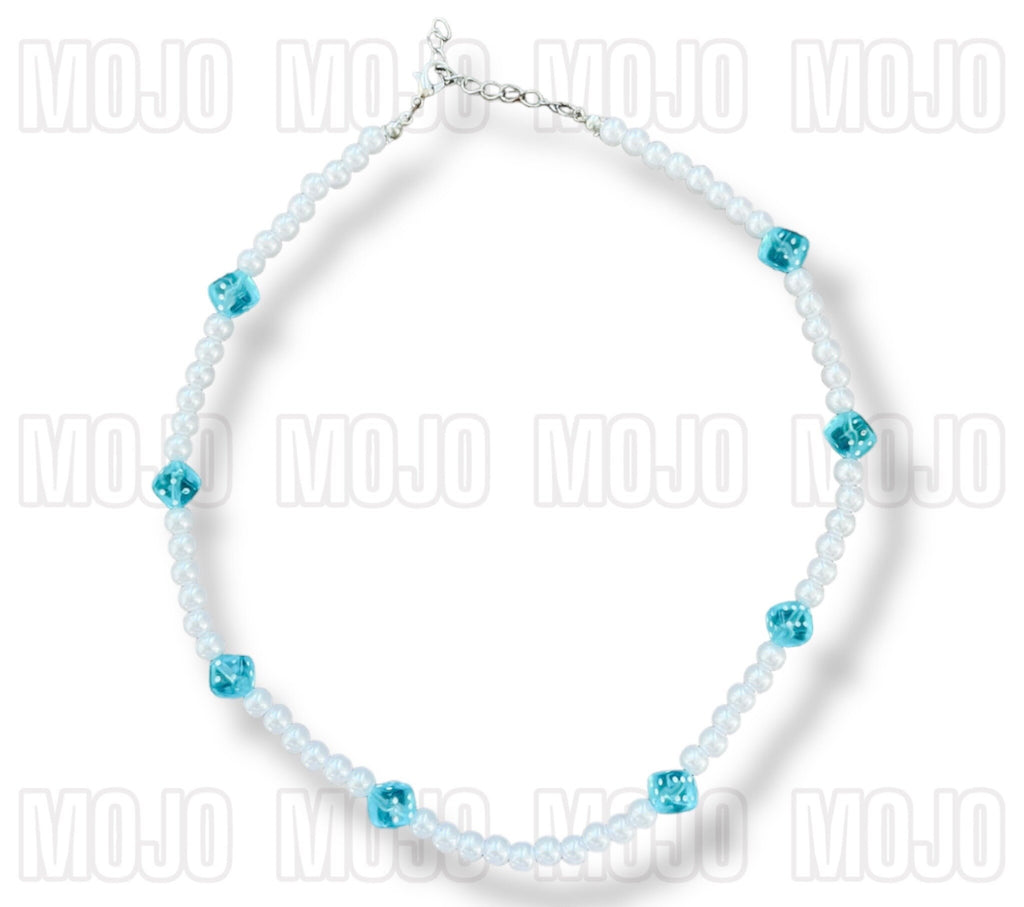 Pearl Necklace with Blue Dice Charms Adjustable