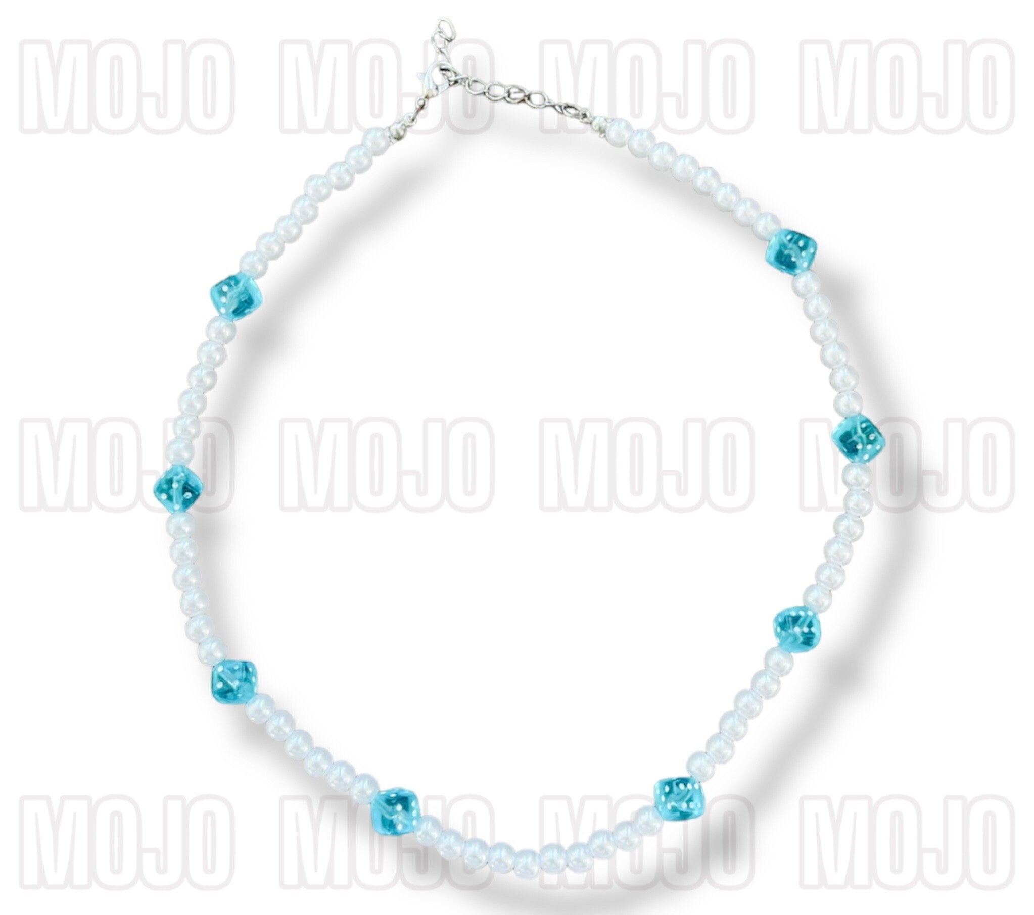 Pearl Necklace with Blue Dice Charms Adjustable