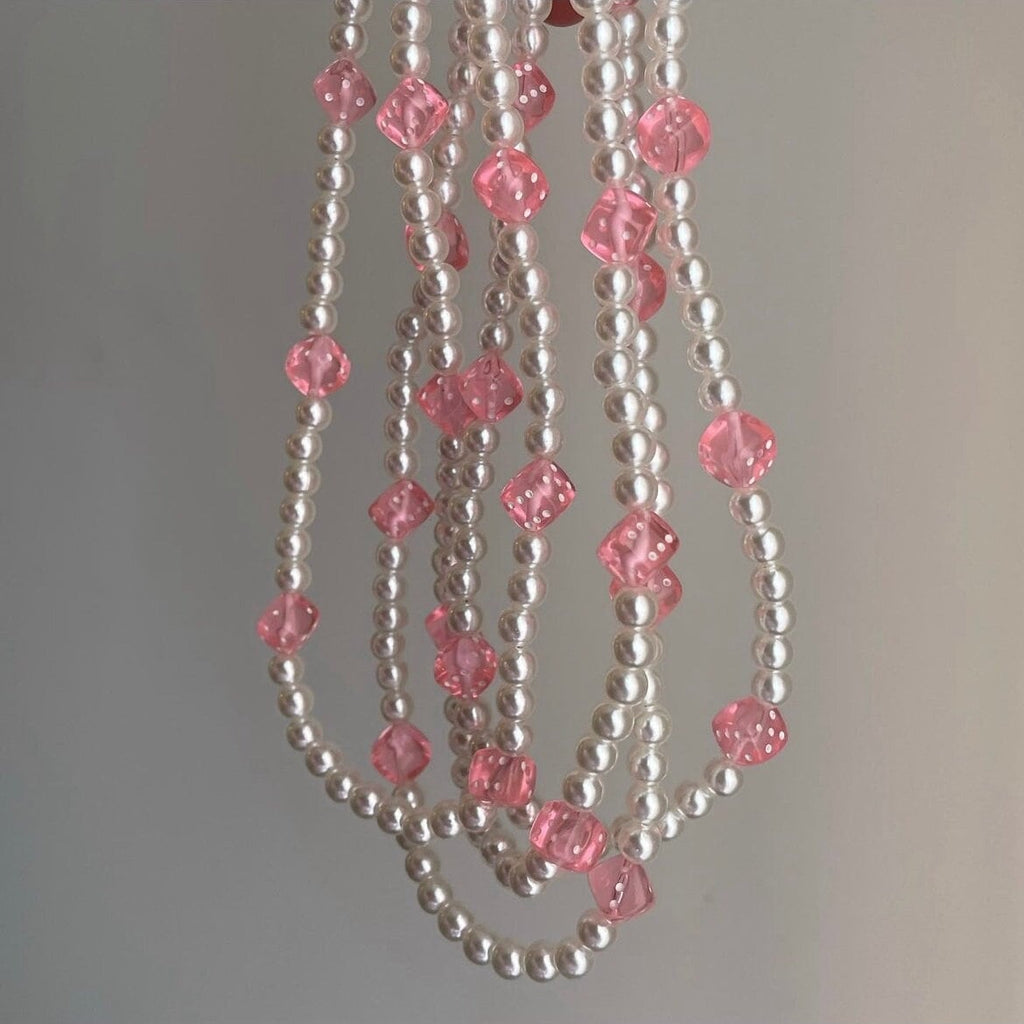 Pearl Necklace with Pink Dice Charms