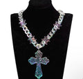 Transparent Iridescent Acrylic Cuban Link Barbed Wire Necklace with Cross Pendant