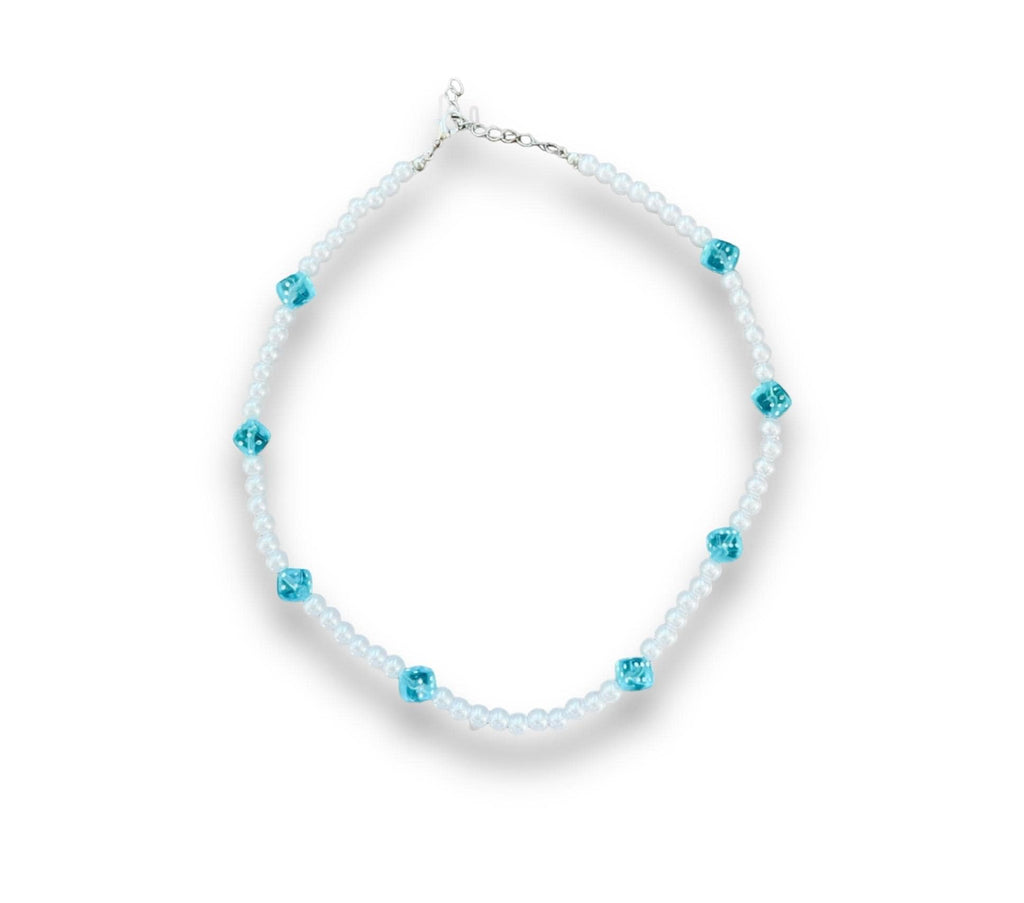 Pearl Necklace with Blue Dice Charms Adjustable