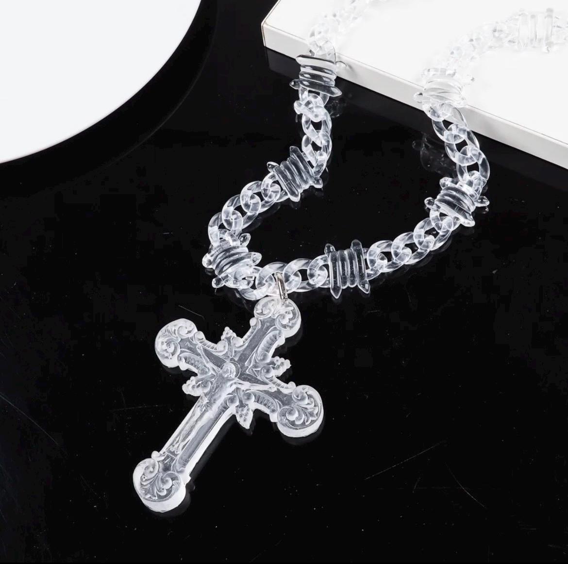 Transparent Acrylic Cuban Link Barbed Wire Necklace with Gothic Cross Pendant